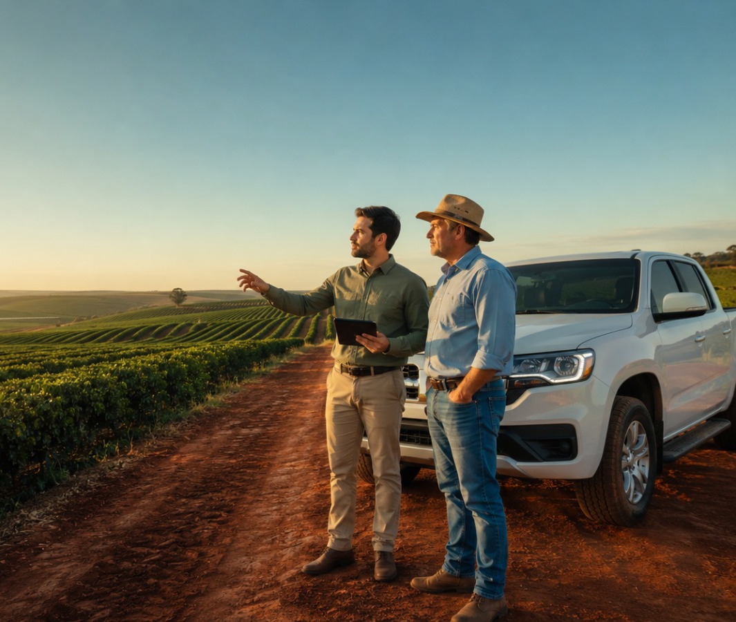 Técnico e produtor conversando em frente a uma caminhonete